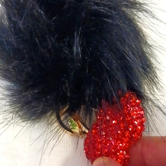 Crystal Cherries Bag Charm Key Chain Red w Black Faux Mink Black Pom - Picture 8 of 14